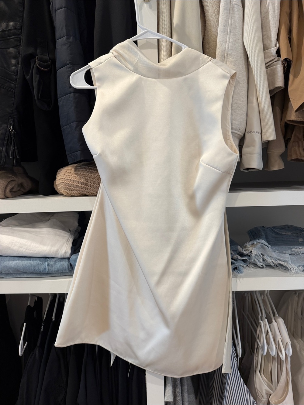Sleeveless Cream Mini Dress with High Neck